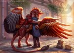 backlighting backpack beak biped blue_clothing blue_coat blue_topwear bottomwear brown_bottomwear brown_clothing brown_pants building claws clothed clothing coat digitigrade duo eyes_closed feathered_wings feathers female feral finger_claws footwear fully_clothed hug inner_ear_fluff larger_female light long_coat male on_hind_legs pants plantigrade quadruped red_body red_feathers rock scuted_arms scutes shadow shoes size_difference smaller_male standing sunrise tail tail_tuft text toe_claws topwear tuft wings red-izak mythology izora ricsimane_(character) avian gryphon human mammal mythological_avian mythological_creature 2021 hi_res lighting shaded url