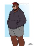 anthro baseball_cap bottomwear clothed clothing fully_clothed hand_in_pocket hat headgear headwear hoodie lidded_eyes male neutral_expression overweight overweight_anthro overweight_male pockets shorts simple_background solo standing text topwear fiercedeitylynx marlon_(fiercedeitylynx) bear mammal 2023 absurd_res artist_name hi_res signature