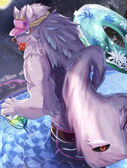 anthro beach clothing container cup drinking_glass flower fluffy fluffy_tail fur glass glass_container glass_cup hat headgear headwear horn inflatable inner_tube living_tail looking_at_viewer looking_back looking_back_at_viewer male night one_eye_closed plant purple_body purple_fur rear_view rose_(flower) smile solo swimwear tail unusual_anatomy unusual_tail visor_cap wine_glass wink kidora_pokipoki lifewonders tokyo_afterschool_summoners bathym_(tas) canid canine canis demon mammal wolf hi_res