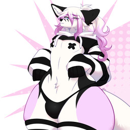 anthro bangs black_clothing black_markings black_nose black_thong black_underwear bulge cheek_tuft clothing cropped_hoodie facial_tuft femboy fur hair heterochromia legwear long_hair male markings pattern_clothing pattern_legwear pattern_stockings pink_body pink_fur ponytail snout solo stockings striped_clothing striped_legwear striped_stockings stripes tail thick_thighs thigh_highs thong tuft underwear white_body white_fur white_tail wide_hips nollya canid canine fox mammal 1:1 colored digital_drawing_(artwork) digital_media_(artwork) hi_res shaded