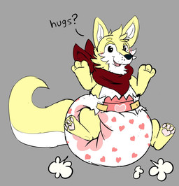 3_fingers 4_toes ambiguous_gender anthro big_diaper black_nose blush blush_lines clean_diaper clothed clothing cloud_emanata dialogue diaper diaper_puff emanata feet fingers fur grey_background heart_symbol huge_diaper kerchief looking_at_viewer multicolored_body multicolored_fur neckerchief neckwear open_mouth open_smile pattern_diaper pawpads pink_pawpads red_kerchief red_neckerchief simple_background sitting sitting_on_diaper smile snaggle_tooth solo tail talking_to_viewer text three-quarter_view toes two_tone_body two_tone_fur two_tone_tail wearing_diaper whisker_spots white_body white_fur white_inner_ear white_tail yellow_body yellow_ears yellow_fur yellow_tail moon_is_baby fang29_(character) canid canine canis domestic_dog hybrid kangaroo macropod mammal marsupial 2024 english_text full-length_portrait hi_res portrait