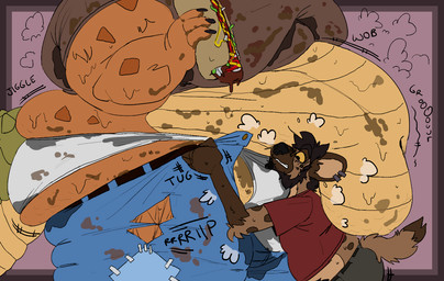 anthro belly big_belly big_butt bodily_fluids bottomwear butt clothing denim denim_bottomwear denim_clothing food food_stains huge_belly jeans male moobs obese obese_male overweight overweight_male pants rumbling_stomach shirt size_difference slob standing struggling_to_fit sweat topwear torn_clothing underwear yellow_sclera voidflame activision crash_bandicoot_(series) dingodile canid canine canis crocodile crocodilian dingo hyena mammal reptile scalie