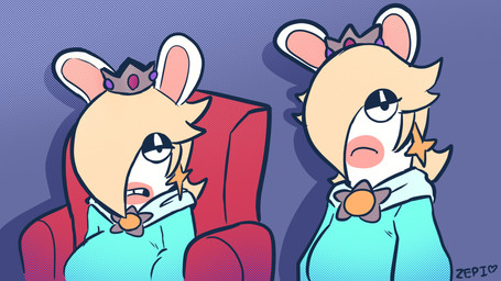 anthro bangs black_eyelids black_eyes blonde_hair blue_background blue_clothing blue_dress buckteeth chair closed_frown clothed clothed_anthro clothed_female clothing crown dress ear_piercing eyelashes female female_anthro frown frowning_at_viewer fur furniture gem hair hair_over_eye half-closed_eyes headgear heart_symbol light long_ears long_hair looking_at_viewer mouth_closed multicolored_body narrowed_eyes noseless on_chair open_frown open_mouth piercing red_chair ruby_(gem) sapphire_(gem) simple_background sitting sitting_on_chair solo star_ear_piercing tan_body tan_inner_ear tan_skin teeth two_tone_body white_body white_fur zepiereite mario_bros mario_plus_rabbids_sparks_of_hope nintendo raving_rabbids rayman_(series) ubisoft rabbid_rosalina lagomorph mammal rabbid 16:9 2022 4k absurd_res colored crossover digital_drawing_(artwork) digital_media_(artwork) english_description hi_res lighting signature widescreen