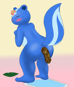 anthro anus big_tail biped black_eyes blue_body blue_fur blush bodily_fluids butt closed_frown eyes_closed feces feces_in_ass female flower flower_accessory frown fur genitals mouth_closed nude plant pooping puppy_pad simple_background solo sweat tail vulva drain_scat happy_tree_friends mondo_media petunia_(htf) mammal mephitid skunk 2024 hi_res