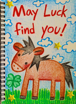 ambiguous_gender black_mane black_tail blue_sky brown_body brown_fur cloud cloudy_sky clover_(plant) clover_leaf feral four_leaf_clover fur grass leaf mane plant sky solo star tail text basil_mage equid equine horse mammal crayon_(artwork) english_text hi_res traditional_media_(artwork)