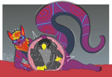 anthro bodily_fluids duo fur grey_body hair internal internal_vore looking_at_viewer male male/male male_pred neck_tuft purple_body saliva same_size_vore simple_background smile tail tongue tongue_out tuft vore wings malekart accipitrid accipitriform avian bird eagle digital_media_(artwork) hi_res signature