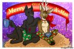 2014 3:2 anthro azaleesh banner bell bulge candy canid canine canis cel_shading chocolate christmas clothing container cup deer dessert digital_media_(artwork) duo food heart_symbol holidays hooves legwear male mammal new_world_deer reindeer ribbons shaded shy stockings wolf