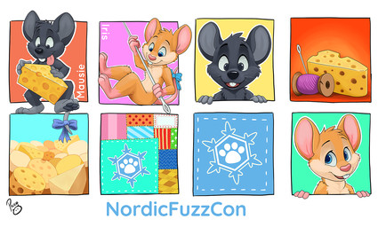anthro black_nose cheese closed_smile dairy_products duo female female_anthro food fur gloves_(marking) grey_body grey_eyes grey_fur grey_pawpads head_tuft leg_markings logo male male_anthro markings mouth_closed nude open_mouth open_smile orange_body orange_fur pawpads pink_nose red_tongue sewing_needle simple_background smile socks_(marking) tan_body tan_fur teeth tongue tuft whiskers yarn young young_anthro young_female young_male pandapaco iris_(character) mausie_(character) mammal mouse murid murine rodent artist_logo multiple_images signature