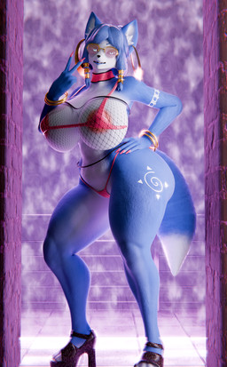 anthro big_breasts bikini breasts clothing female fishnet_clothing footwear gesture hand_gesture hand_on_hip high_heels huge_breasts jewelry micro_bikini shoes solo swimwear tail two-piece_swimsuit v_sign wide_hips tiger_jhobs dogzeela_(modeler) nintendo star_fox krystal_(star_fox) canid canine fox mammal 3d_(artwork) digital_media_(artwork) hi_res