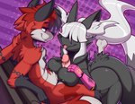 anthro big_breasts black_body black_fur blue_eyes bone breast_play breasts dotted_background duo female fur genitals hair hair_over_eyes inner_ear_fluff logo male male/female nude nude_anthro nude_female nude_male pattern_background penis prosthetic prosthetic_arm prosthetic_limb purple_background red_body red_fur sex simple_background striped_background titfuck tuft white_hair white_inner_ear_fluff conditional_dnp teckworks flint_(flintsnowfox) canid canine fox mammal 2025 artist_logo