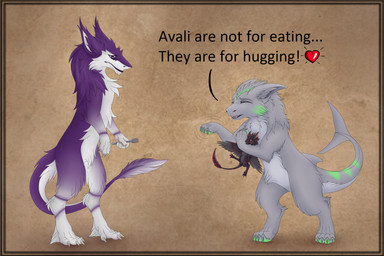 anthro claws cutlery dialogue extreme_size_difference fork fur group kitchen_utensils size_difference standing tools trio winged_arms wings kyra70277283 avali hybrid sergal absurd_res hi_res
