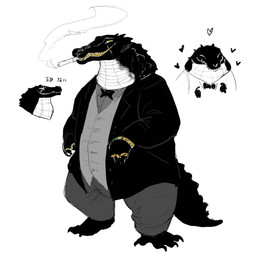 4_toes anthro barefoot black_body black_bow_tie black_clothing black_scales black_suit blep bottomwear bow_tie bracelet cigarette claws closed_smile clothed clothed_anthro clothed_male clothing collared_shirt countershade_neck countershade_scales countershading digit_ring dorsal_ridge dress_shirt exposed_teeth eye_scar eyes_closed facial_scar feet finger_ring front_view fully_clothed fully_clothed_anthro fully_clothed_male gold_(metal) gold_bracelet gold_jewelry gold_ring grey_bottomwear grey_clothing grey_dress_shirt grey_pants grey_topwear grey_vest jewelry looking_at_viewer male mouth_closed mouth_hold mouth_scar object_in_mouth open_mouth open_smile overbite pants pupils scales scar shirt side_view simple_background slit_pupils smile smoke smoking smoking_cigarette solo suit tail tail_ridge toe_claws toes tongue tongue_out topwear underbite vest white_background white_body white_countershading white_scales white_sclera yellow_eyes yellow_mouth zumi3 crocodilian reptile scalie 2022 bust_portrait digital_drawing_(artwork) digital_media_(artwork) full-length_portrait headshot_portrait hi_res portrait