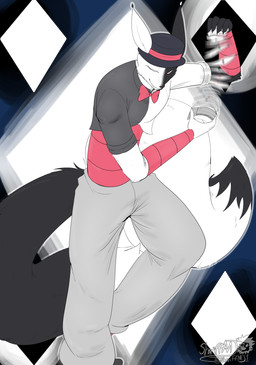 anthro black_body black_fur bow_tie card clothing fur harlequin hat headgear headwear larger_male looking_at_viewer magician male multicolored_body multicolored_fur simple_background size_difference smile smiling_at_viewer solo transparent_background two_tone_body two_tone_fur white_body white_fur masterj291 art_fight canid canine fox mammal 2025 alpha_channel digital_media_(artwork) hi_res