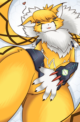 anthro armor black_markings ear_tuft eyes_closed featureless_crotch female fur heart_symbol low-angle_view mane markings neck_tuft smile solo tuft white_body white_fur white_mane white_markings yellow_body yellow_fur vavacung bandai_namco digimon digimon_(species) domestic_cat felid feline felis maine_coon mammal meicrackmon meicrackmon_normal_mode hi_res