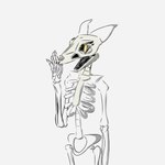 ambiguous_gender anthro black_sclera bone gesture glowing glowing_eyes happy horn looking_at_viewer pelvic_bone rib_cage skeleton snout solo standing three-quarter_view waving waving_at_viewer yellow_eyes heelipmo animated_skeleton undead 1:1 absurd_res hi_res shaded sketch female_(lore)