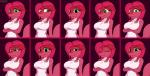 angry anthro big_breasts breasts clothed clothing dialogue female hair horn non-mammal_breasts red_hair sad shy simple_background smug solo tail talking_to_viewer text bnbigus mythology tangles_(bnbigus) dragon mythological_creature mythological_scalie reptile scalie 2d_animation animated digital_media_(artwork) expression_sheet hi_res loop short_playtime