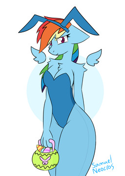 anthro basket bunny_costume clothing container costume easter_egg female holidays legwear pantyhose simple_background samuel-neocros easter friendship_is_magic hasbro my_little_pony rainbow_dash_(mlp) equid mammal
