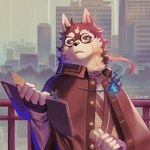 anthro asian_clothing black_body black_fur black_sclera blue_eyes city city_background clothing east_asian_clothing eyewear fur glasses japanese_clothing kimono male multicolored_body multicolored_fur solo white_body white_fur uya_kyo lifewonders tokyo_afterschool_summoners masanori_(tas) canid canine canis domestic_dog mammal