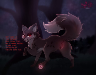 anus brown_body brown_fur dialogue female feral fur fur_markings genitals grass inviting leg_markings markings night open_mouth pawpads paws plant presenting presenting_vulva red_eyes sky smile socks_(marking) solo talking_feral talking_to_viewer text tree vulva astralia canid canine fox mammal english_text hi_res watermark