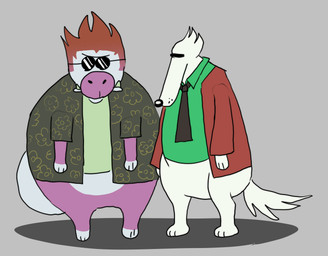 accessory aloha_shirt ambiguous_gender anthro big_nose brown_clothing brown_coat brown_hair brown_topwear clothed clothing coat duo eyebrows eyewear feet fur glasses green_clothing green_shirt green_topwear grey_tie hair head_tuft hindpaw long_nose long_snout looking_at_viewer necktie pattern_clothing pattern_shirt pattern_topwear paws pink_arms pink_legs shirt simple_background snout tail teeth topwear tuft tusks unibrow white_body white_fur white_legs white_nose white_paws white_tail plentyofsoup the_far_side rum_(rumcoat) soup_(plentyofsoup) borzoi canid canine canis cryptid domestic_dog humanoid hunting_dog mammal sighthound absurd_res digital_media_(artwork) hi_res