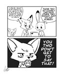 clothed clothing dialogue group necktie shirt speech_bubble text topwear trio dogear218 third-party_edit disney zootopia finnick_(zootopia) judy_hopps nick_wilde canid canine fennec_fox fox lagomorph leporid mammal rabbit red_fox true_fox english_text hard_translated monochrome signature translated