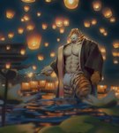 abs anthro asian_clothing biped blue_eyes bulge clothed clothing detailed_background detailed_bulge east_asian_clothing fur holding_object japanese_clothing lamp lantern male muscular muscular_anthro muscular_male open_clothing open_yukata orange_body orange_fur paper_lantern partially_submerged pecs sky_lantern solo sparkler standing_in_water striped_body striped_fur stripes white_body white_fur yukata bozi felid mammal pantherine tiger 2022 digital_media_(artwork) digital_painting_(artwork) hi_res