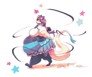 accessory anthro belly big_belly biped black_bow blue_bottomwear blue_clothing blue_skirt blue_star bottomwear bow_ribbon clothing female footprint hair hair_accessory hair_bow hair_ribbon head_turned huge_belly long_hair looking_at_viewer red_hair red_star ribbons shirt side_view skirt solo tail tan_body tan_tail thick_thighs topwear walking white_clothing white_shirt white_topwear miluinaoxie drop_pop_candy mythology vocaloid yamaha_corporation dragon mythological_creature mythological_scalie scalie full-length_portrait hi_res portrait