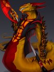 anthro apode bottomless claws clothed clothing gradient_background grey_background holding_object holding_weapon horn jacket jacket_only legless male muscular muscular_anthro muscular_male red_eyes serpentine sharp_teeth simple_background solo split_form teeth topwear topwear_only weapon fefairy mythology draconcopode dragon dragon_naga mythological_creature mythological_scalie naga reptile scalie 2020 3:4 digital_media_(artwork) hi_res signature