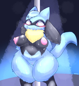 anthro areola black_body black_fur blue_body blue_fur blush bodily_fluids breasts female fur genitals nipples nude pole solo stripper_pole sweat vulva milkteafox nintendo pokemon canid canine generation_4_pokemon mammal pokemon_(species) riolu absurd_res alternate_version_at_source hi_res signature