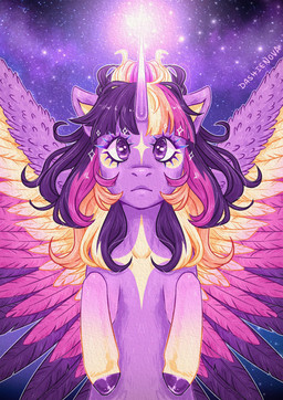feathers female feral glowing glowing_horn hair_strands horn looking_at_viewer magic sky solo sparkles star starry_sky wings dashienova friendship_is_magic hasbro my_little_pony mythology twilight_sparkle_(mlp) equid equine mammal mythological_creature mythological_equine winged_unicorn absurd_res hi_res