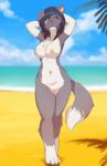 anthro beach black_hair black_nose blue_sky blush breasts chest_tuft curvy_figure dipstick_tail female genitals gloves_(marking) hair hands_behind_head heterochromia leg_markings looking_at_viewer markings multicolored_hair multicolored_tail navel nipples nude pussy sand seaside shy sky socks_(marking) solo standing tail tail_markings tuft two_tone_hair voluptuous fruitbloodmilkshake sonya border_collie canid canine canis collie domestic_dog herding_dog mammal pastoral_dog sheepdog 2014 absurd_res digital_media_(artwork) hi_res