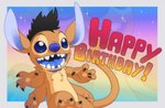 2_tongues 3_toes 4_arms birthday black_claws black_hair blue_eyes blue_inner_ear blue_mouth blue_nose blue_tongue border claws collar collar_only feet fur hair happy_birthday male multi_arm multi_limb multi_tongue nude open_mouth open_smile outside_border rainbow_background semi-anthro simple_background smile solo sparkles tan_body tan_fur teeth text toe_claws toes tongue white_border ribera disney lilo_and_stitch asrael fan_character alien experiment_(lilo_and_stitch) 2021 digital_drawing_(artwork) digital_media_(artwork) english_text