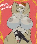 anthro areola big_breasts black_nose blind_eye breasts chest_tuft christmas_clothing christmas_headwear clothing crotch_tuft eye_scar eyebrows eyelashes facial_scar female genitals gun hands_behind_head hat headgear headwear holidays huge_breasts mostly_nude muscular muscular_female nipple_dip nipples pussy raised_arms ranged_weapon santa_hat scar solo submachine_gun text thick_thighs thigh_gap tuft weapon wide_hips amadchief christmas nisikawa_(amadchief) canid canine canis domestic_dog mammal shiba_inu spitz 2024 absurd_res english_text hi_res