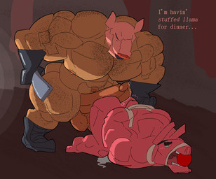 anthro apple apple_in_mouth arm_hair arms_tied bandage big_penis blush bodily_fluids body_hair boots bound cleaver_(knife) clothing cum cum_on_ground cutlery dialogue duo food footwear for_a_head fruit gag gagged genital_fluids genitals gloves hairy hairy_body handwear holding_object hot_dogging huge_penis hyper hyper_genitalia hyper_penis kitchen_knife kitchen_utensils knife latex latex_clothing latex_handwear looking_pleasured male male/male muscular muscular_male navel nipples nude outie_navel penis pinata plant precum sex shoes text tools femurdrain epic_games fortnite lt._john_llama pyg_the_butcher_(fortnite) animal_head animal_humanoid animate_inanimate camelid domestic_pig human humanoid living_pinata llama mammal suid suine sus_(pig) english_text shaded