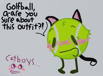 ball black_ears blush blush_lines cat_tail embarrassed grey_background male simple_background solo tennis_ball text sussyoscmember battle_for_dream_island object_shows tennis_ball_(bfdi) animate_inanimate felid feline mammal english_text
