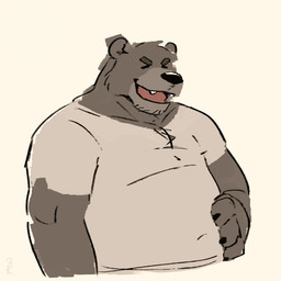 anthro belly clothing eyes_closed hand_on_belly head_tuft laugh male musclegut muscular open_mouth overweight overweight_anthro overweight_male shirt simple_background solo topwear tuft 3000vnd ludwig_(demons_within) bear brown_bear mammal ursine 1:1 half-length_portrait hi_res portrait