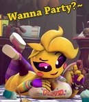 big_breasts black_sclera bottomless bracelet breasts butt clothed clothing detailed_background female footwear hat headgear headwear jewelry legwear looking_at_viewer machine money non-mammal_breasts not_furry on_ground one_eye_half-closed party_hat pattern_clothing pattern_legwear seductive shoes smile solo spiked_bracelet spikes striped_clothing striped_legwear stripes text thick_thighs bumpofnight_(artist) five_nights_at_freddy's five_nights_at_freddy's_2 scottgames toy_chica_(eroticphobia) toy_chica_(fnaf) animatronic avian robot 3d_(artwork) digital_media_(artwork) english_text hi_res source_filmmaker_(artwork)