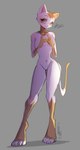 4_toes 5_fingers anthro anthrofied big_feet blush breasts claws colored_claws colored_fingernails colored_nails curvy_figure dipstick_tail eyelashes featureless_breasts featureless_crotch feet female fingernails fingers fur gloves_(marking) green_eyes hindpaw hourglass_figure humanoid_hands leg_markings lips markings nails navel nude paws small_waist smile socks_(marking) solo tail tail_markings thin_tail toeless_(marking) toes white_body white_fur yellow_markings alex_bunn hasbro littlest_pet_shop lps_2108 domestic_cat felid feline felis mammal absurd_res hi_res
