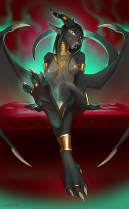 anthro areola armlet biped breasts claws eyelashes feet female fingers glistening_eyelids hair horn long_eyelashes looking_at_viewer medium_breasts nipples non-mammal_breasts non-mammal_hair non-mammal_nipples nude nude_anthro nude_female scales smile solo teeth toes tongue ventral_scales wings omesore mythology dragon mythological_creature mythological_scalie scalie 2026 absurd_res digital_drawing_(artwork) digital_media_(artwork) hi_res