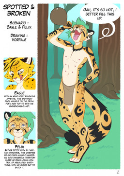anthro barefoot biped blue_eyes bottomwear cheek_tuft clothed clothing digitigrade drinking duo eyes_closed facial_tuft fangs feet forest fur grass licking licking_lips licking_own_lips loincloth loincloth_only male markings nature navel nipples open_mouth outside plant slim small_waist smile speech_bubble spots spotted_body spotted_fur standing tail tan_body tan_fur teeth text tongue tongue_out topless tree tuft water white_body white_fur vorpale eaglethecheetah felix_(roadd) cheetah felid feline mammal comic digital_drawing_(artwork) digital_media_(artwork) english_text hi_res