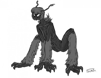 antennae_(anatomy) anthro arm_tuft breasts claws collarbone crouching dark_body eyelashes female glistening glistening_body leg_tuft medium_length_hair navel nude ribs sagging_breasts slim solo tuft wrinkles serth hangmoss cryptid hi_res monochrome