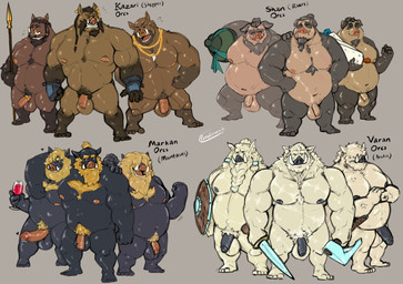 anthro balls belly black_body brown_body circumcised circumcision_scar erection flaccid foreskin genital_scar genitals group humanoid_genitalia humanoid_hands humanoid_penis male melee_weapon moobs musclegut muscular nipples overweight overweight_male partially_retracted_foreskin penis scar shield sword weapon white_body desertb0ar domestic_pig mammal suid suine sus_(pig) wild_boar 2021 digital_media_(artwork) hi_res