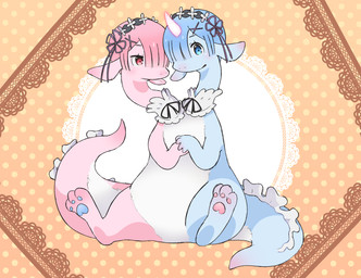 2_heads 2_tails accessory anthro anthrofied blue_body choker clothing female floppy_ears frilly frilly_clothing hair_accessory hairclip heterochromia horn jewelry kemono maid_headdress multi_head multi_tail multicolored_body necklace one_eye_obstructed pawpads pink_body pink_horn solo tail two_tone_body krystal_fleming mythology re:zero ram_(re:zero) rem_(re:zero) dragon mythological_creature mythological_scalie scalie digital_drawing_(artwork) digital_media_(artwork) hi_res pastel_theme