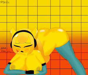 big_breasts black_eyes blush breasts butt clothing female horn legwear solo stockings text yellow_body invisha geometry_dash humanoid absurd_res hi_res russian_text