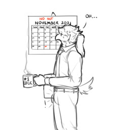 accessory anthro beak belt bodily_fluids bottomwear bulge calendar clothing coffee_mug detailed_bulge dialogue feathers genital_outline hair male necktie pants penis_outline ponytail reading shirt side_view slim slim_anthro slim_male solo steam sweat sweatdrop tail tail_feathers text topwear marvolk no_nut_november flamie_(marvolk) avian bird 2021 english_text hi_res meme sketch