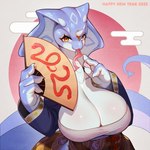 amber_eyes anthro big_breasts blue_body breasts cleavage clothed clothing eyelashes female forked_tongue glistening glistening_breasts horn huge_breasts non-mammal_breasts paper_fan snake_hood solo tongue tongue_out white_body whooo-ya chinese_zodiac year_of_the_snake reptile scalie snake 1:1 2025 hi_res