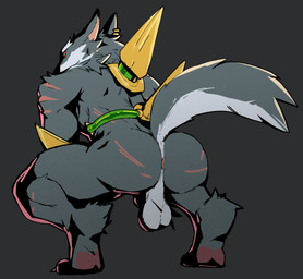 anthro anus backsack balls butt crouching fur genitals grey_body grey_fur male multiple_piercings muscular muscular_anthro muscular_male pawpads piercing raised_tail red_sclera scar simple_background tail jrjresq league_of_legends riot_games tencent warwick_(lol) canid canine canis mammal wolf hi_res