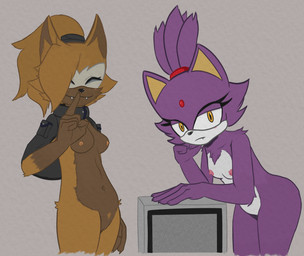 anthro breasts duo electronics exposed_breasts female fur genitals hair nipples ponytail pubes purple_body purple_fur static television vulva bastardcat3 idw_publishing sega sonic_the_hedgehog_(comics) sonic_the_hedgehog_(idw) sonic_the_hedgehog_(series) blaze_the_cat whisper_the_wolf canid canine canis domestic_cat felid feline felis mammal wolf absurd_res hi_res