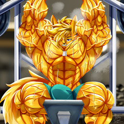 abs anthro biceps big_bulge big_muscles blonde_hair blurred_background bodily_fluids bottomwear bulge clothed clothing detailed_bulge dog_tags exercise fur genital_outline gym gym_equipment hair huge_muscles jewelry long_tail male muscular muscular_anthro muscular_arms muscular_male necklace obliques pants partially_clothed pecs penis_outline plant pose purple_eyes sitting solo sweat tail vein veiny_arms veiny_muscles weightlifting workout workout_equipment yellow_body yellow_fur taiko-sihori canid canine fennec_fox fox mammal true_fox 1:1 hi_res