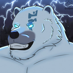 anthro blue_eyes electricity fangs forest forest_background fur glowing glowing_eyes grin grinning_at_viewer lightning lightning_bolt male markings muscular muscular_male nature nature_background night outside plant rune_markings runes smile smiling_at_viewer solo teeth tree tuft white_body white_fur eraqon league_of_legends riot_games tencent volibear bear mammal 1:1 icon portrait
